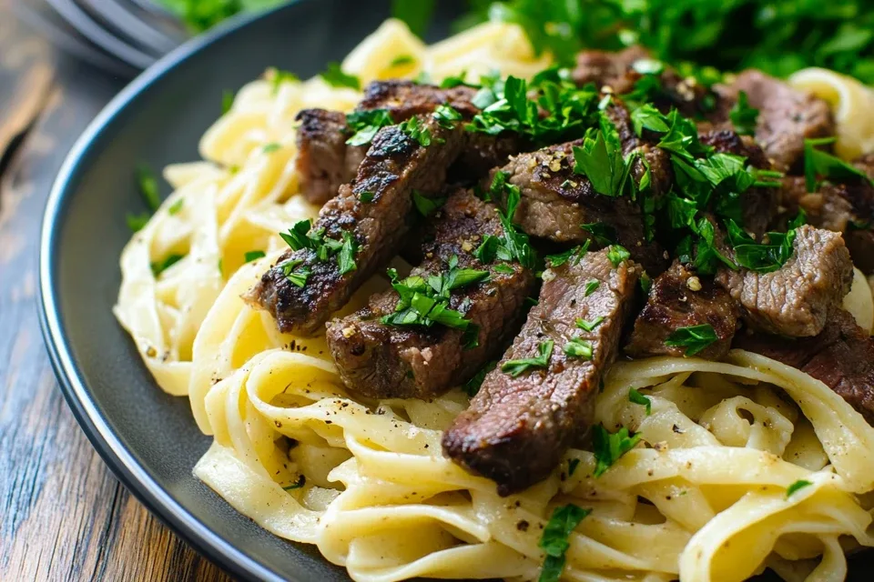 Ultimate Guide to Steak and Pasta Recipes: Delicious Ideas for Every Meal 18 Garlic butter steak pasta served on a plate, with tender steak pieces, buttery pasta, and a garnish of fresh parsley