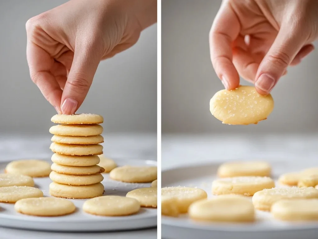 Cookie Recipes Without Butter: Delicious Treats Made Easy 7 Hand placing sugar cookie on a stack