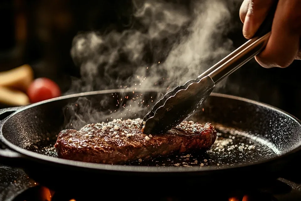 Ultimate Guide to Steak and Pasta Recipes: Delicious Ideas for Every Meal 12 Searing steak in hot pan.