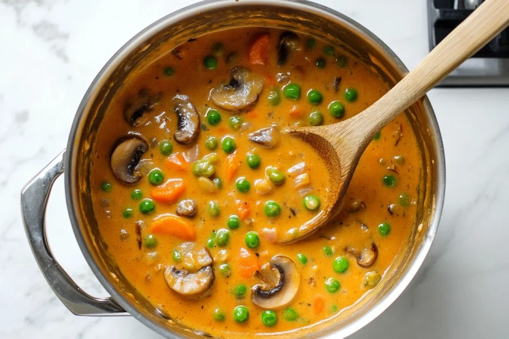How do you thicken a pot pie filling 4 Creamy vegetable gravy in a saucepan for pot pie on a marble background.
