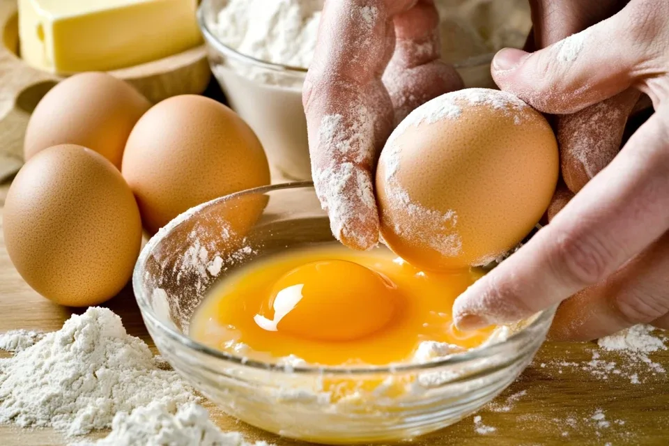 what egg size is used in most recipes 7 "Baker cracking a large egg into a bowl surrounded by baking ingredients like flour, sugar, and butter."
