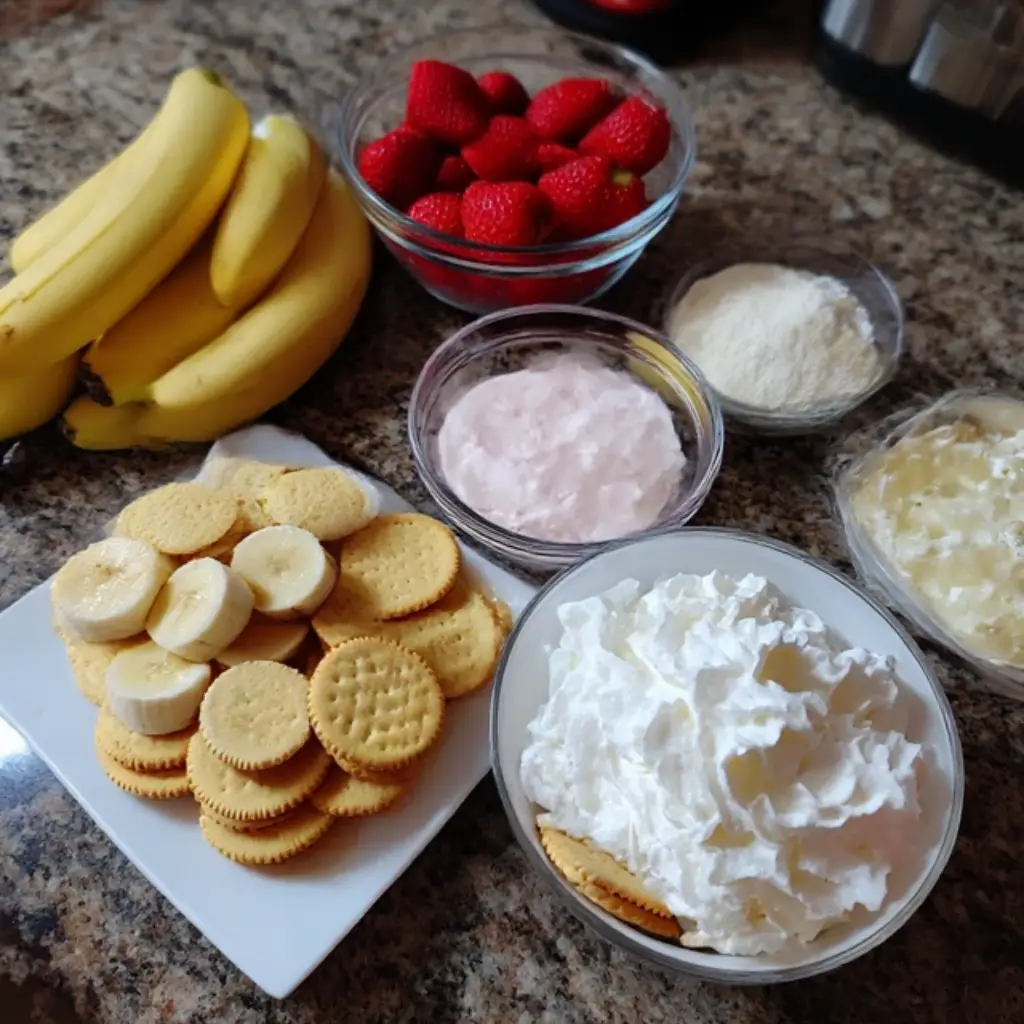 The Best Strawberry Banana Pudding: A Southern Classic with a Fruity Twist 7 Ingredients for The Best Strawberry Banana Pudding on a kitchen counter