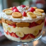 Strawberry banana pudding layered in a trifle bowl with whipped topping