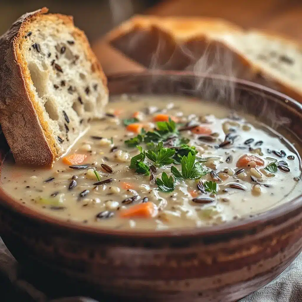 Top 18 Soup Recipes We Love to Make at FreshRecips 16 A steaming bowl of creamy wild rice and vegetable soup garnished with parsley, served with a slice of rustic bread.