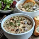 Creamy Mushroom Chicken and Wild Rice Soup – The Ultimate Comfort Recipe 9 Creamy chicken mushroom wild rice soup with thyme, bread, and salad on a rustic table.