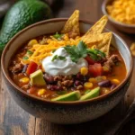Taco Soup Recipe: A Flavorful One-Pot Comfort Meal 13 Bowl of chili with beans, corn, avocado, cheese, tortilla chips, and sour cream garnish.