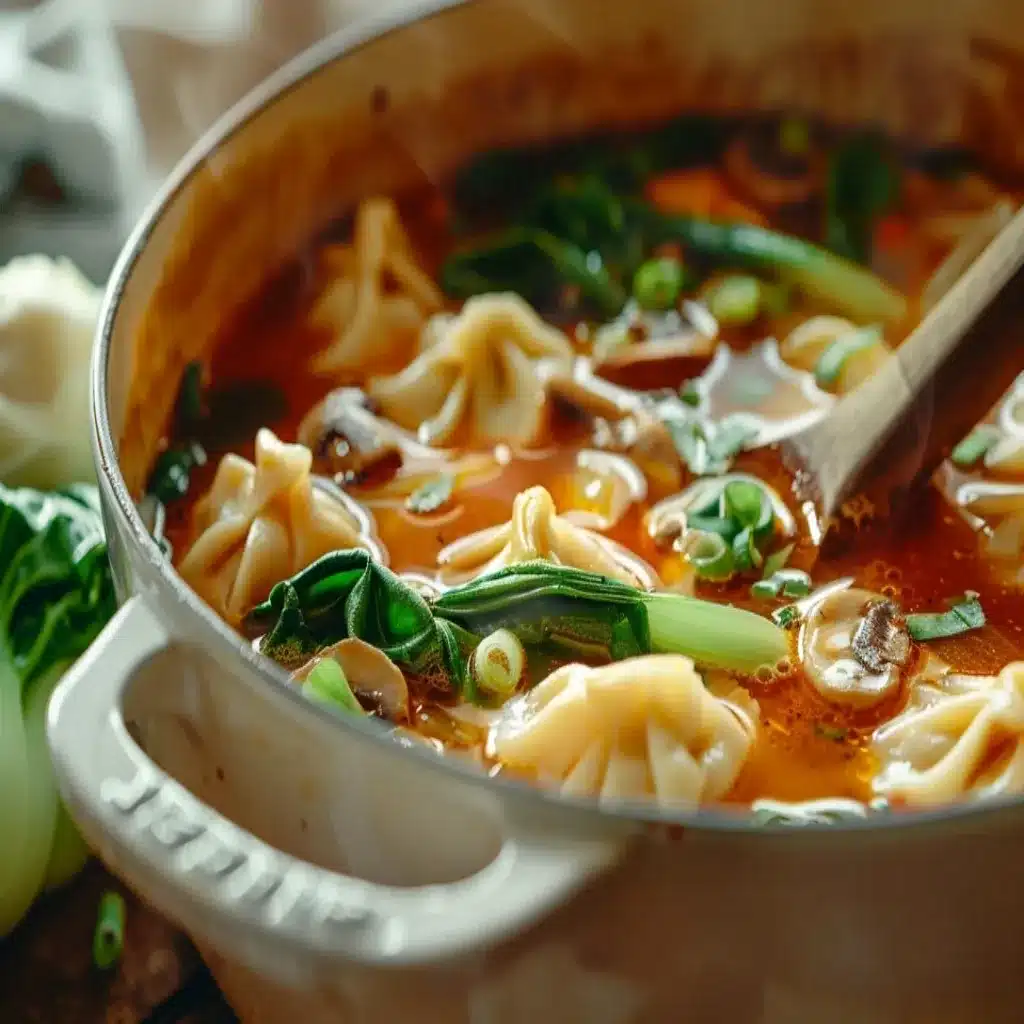 Top 18 Soup Recipes We Love to Make at FreshRecips 18 Close-up of potsticker soup simmering in a Dutch oven with dumplings, bok choy, mushrooms, and green onions in a rich broth.