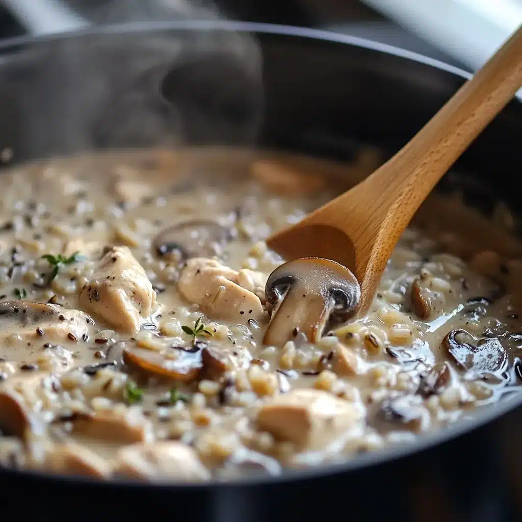 Creamy Mushroom Chicken and Wild Rice Soup – The Ultimate Comfort Recipe 7 Creamy mushroom chicken and wild rice soup simmering in a pot