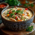 Creamy Cajun Chicken Soup – The Best Comfort Bowl You’ll Ever Make 9 A rustic ceramic bowl filled with creamy Cajun chicken soup, garnished with fresh parsley, featuring shredded chicken, celery, bell peppers, and spices.