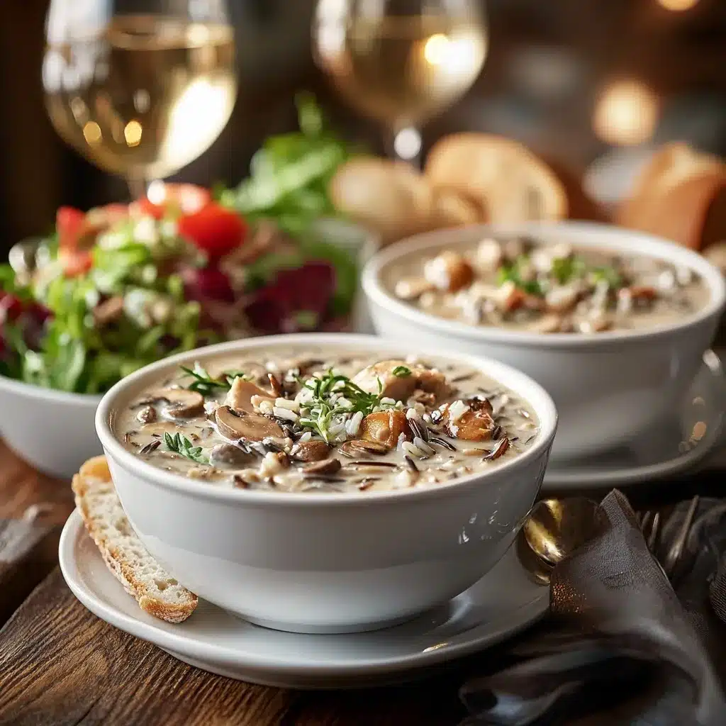 Creamy Mushroom Chicken and Wild Rice Soup – The Ultimate Comfort Recipe 8 Creamy mushroom chicken and wild rice soup served with bread and salad