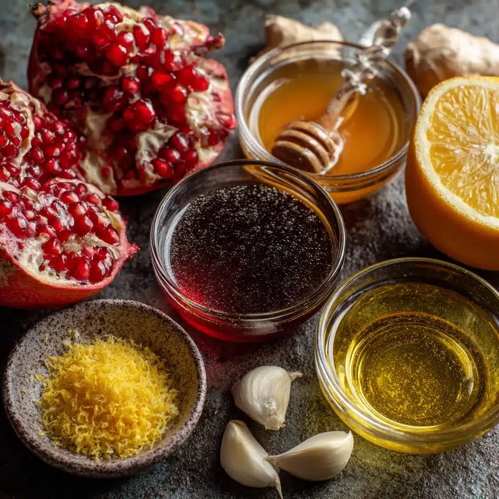 Ingredients for pomegranate and orange salmon glaze