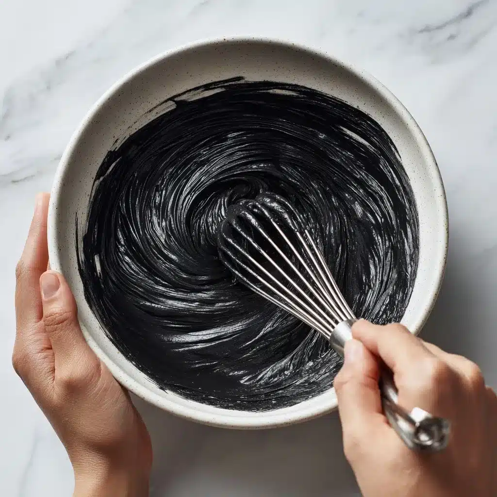 Mixing true black velvet cake batter in a white bowl