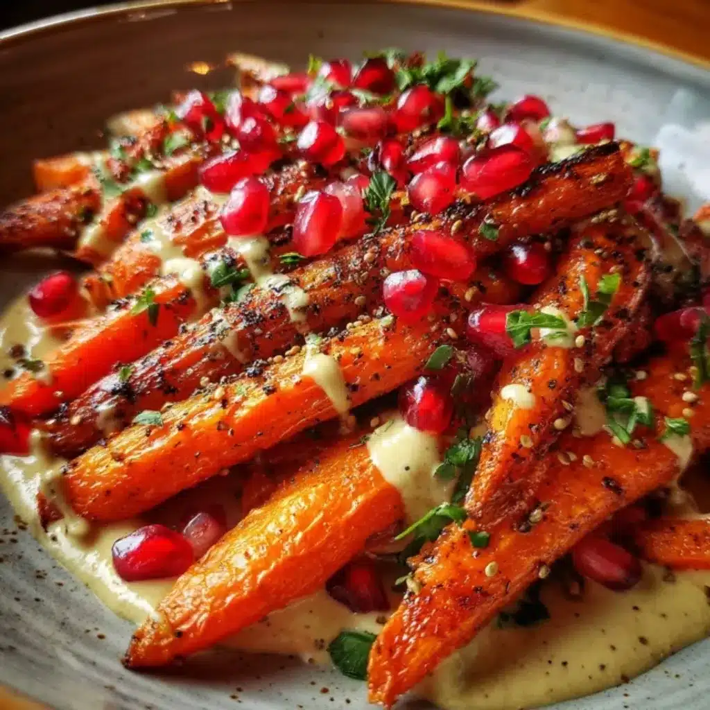 Close-up of roasted carrots garnished with tahini drizzle, chopped herbs, and pomegranate seeds on a ceramic plate.