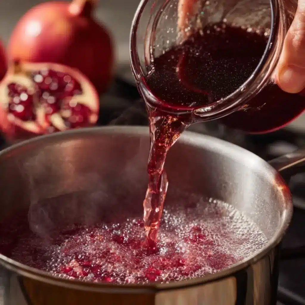 Pouring pomegranate juice into saucepan for sorbet mixture
