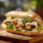 Crispy Chicken Caesar Sandwich – The Ultimate Crunchy and Creamy Bite 9 Crispy chicken Caesar sandwich with lettuce and creamy dressing on a toasted baguette.