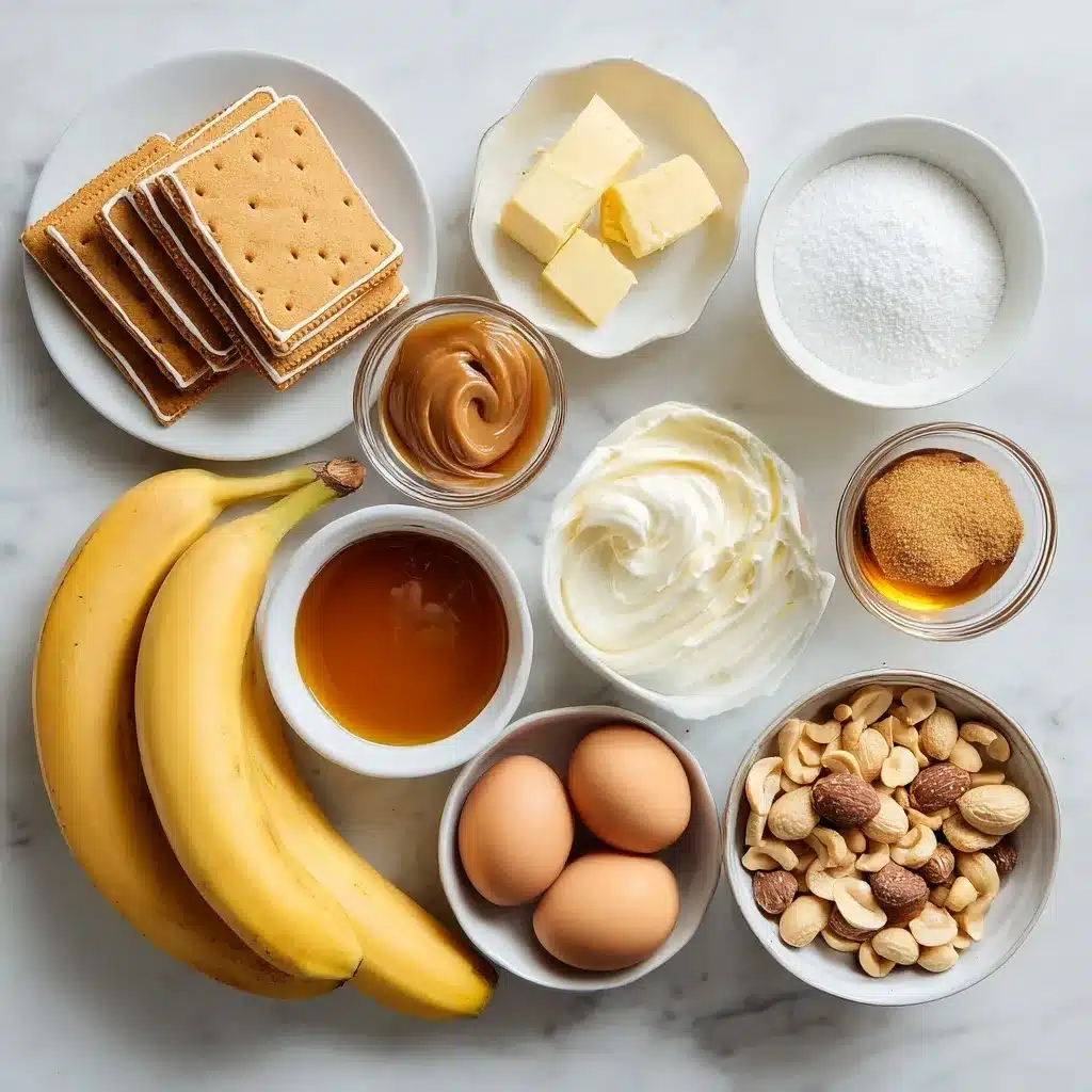 All ingredients for Banana Caramel Peanut Cheesecake on marble surface