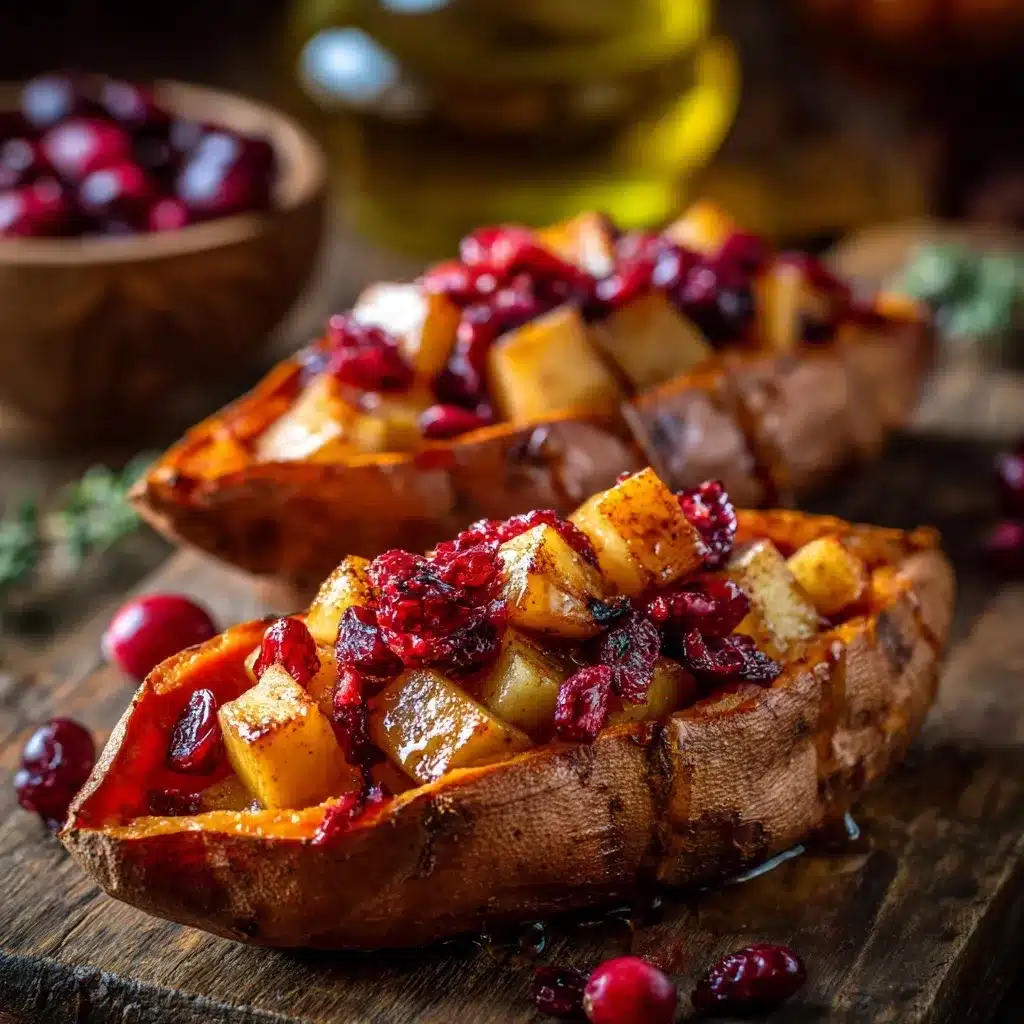 Cranberry Apple Twice-Baked Sweet Potatoes: A Cozy Fall Favorite 8 A close-up of maple-roasted sweet potatoes stuffed with caramelized apples and cranberries, glistening with glaze on a rustic wooden table.