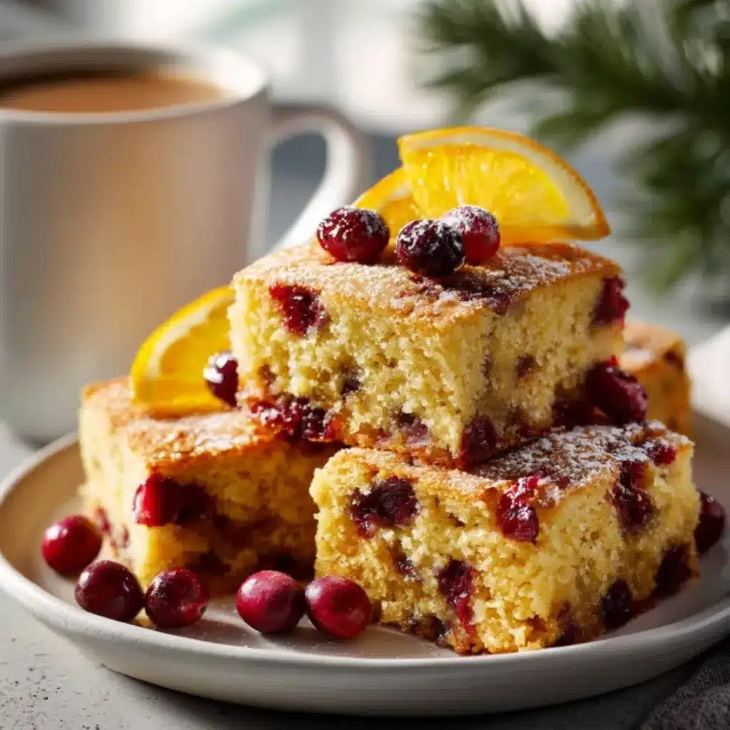 Served cranberry orange breakfast cake squares with coffee