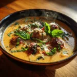 Creamy Italian Meatball Soup: A Cozy, Flavor-Packed Comfort Dish 9 Bowl of creamy Tuscan meatball soup with Italian meatballs, basil leaves, grated Parmesan, and a golden tomato cream broth.
