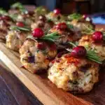 Turkey and Stuffing Meatballs — A Comforting Holiday Classic 9 Turkey and stuffing meatballs with cranberries and rosemary garnish on a wooden board.