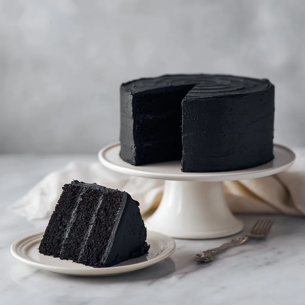 Whole Black Velvet Cake on white plate with black frosting