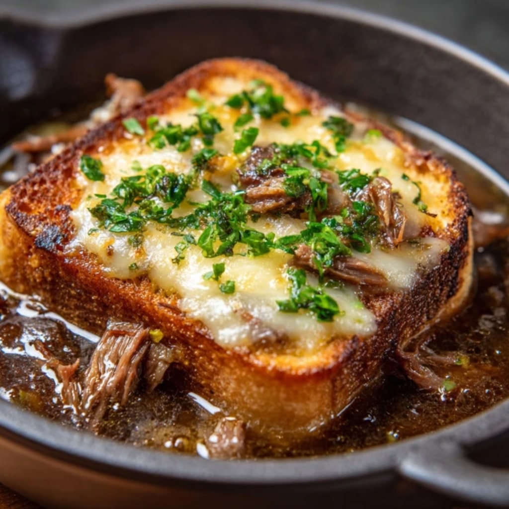 French Onion Beef Short Rib Soup: The Ultimate Comfort Bowl for Cozy Nights 8 French Onion Beef Short Rib Soup served with salad and cider