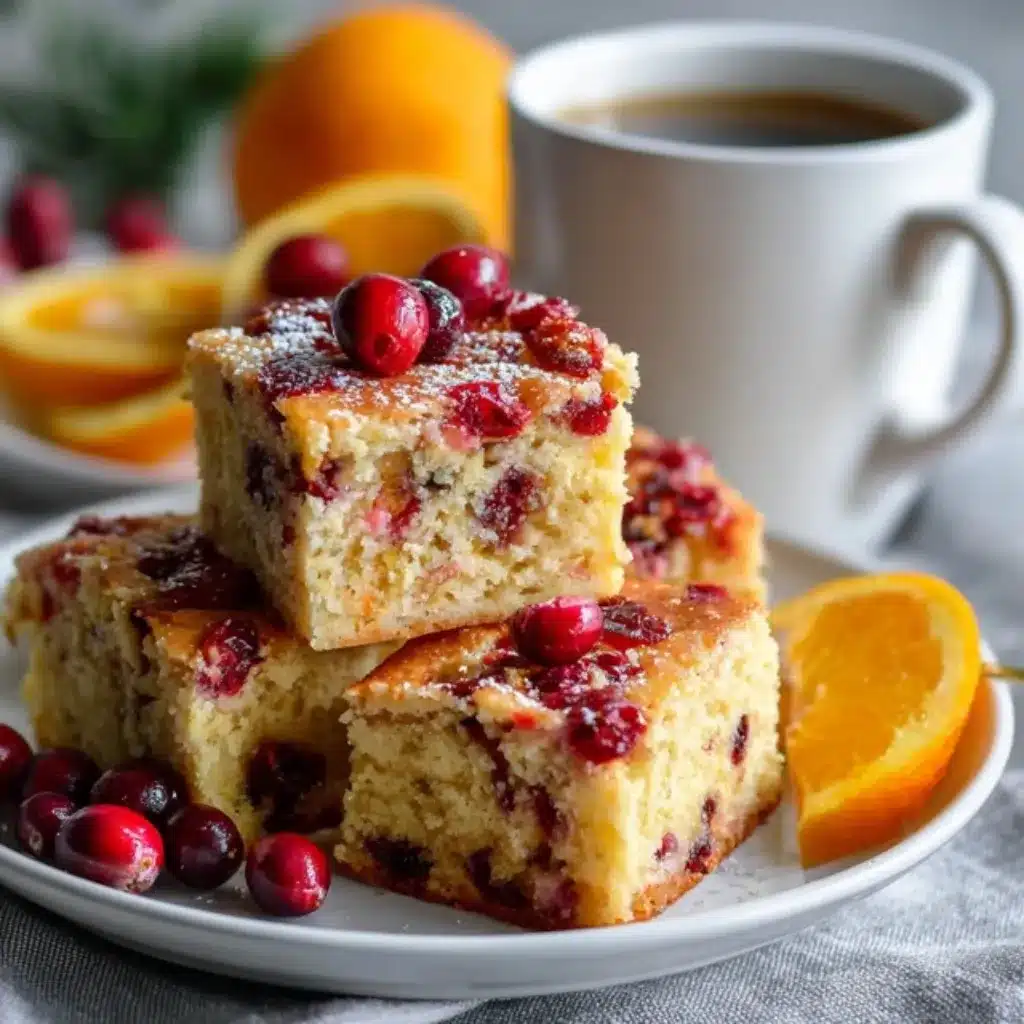Cranberry orange breakfast cake recipe slice with orange zest and fresh cranberries