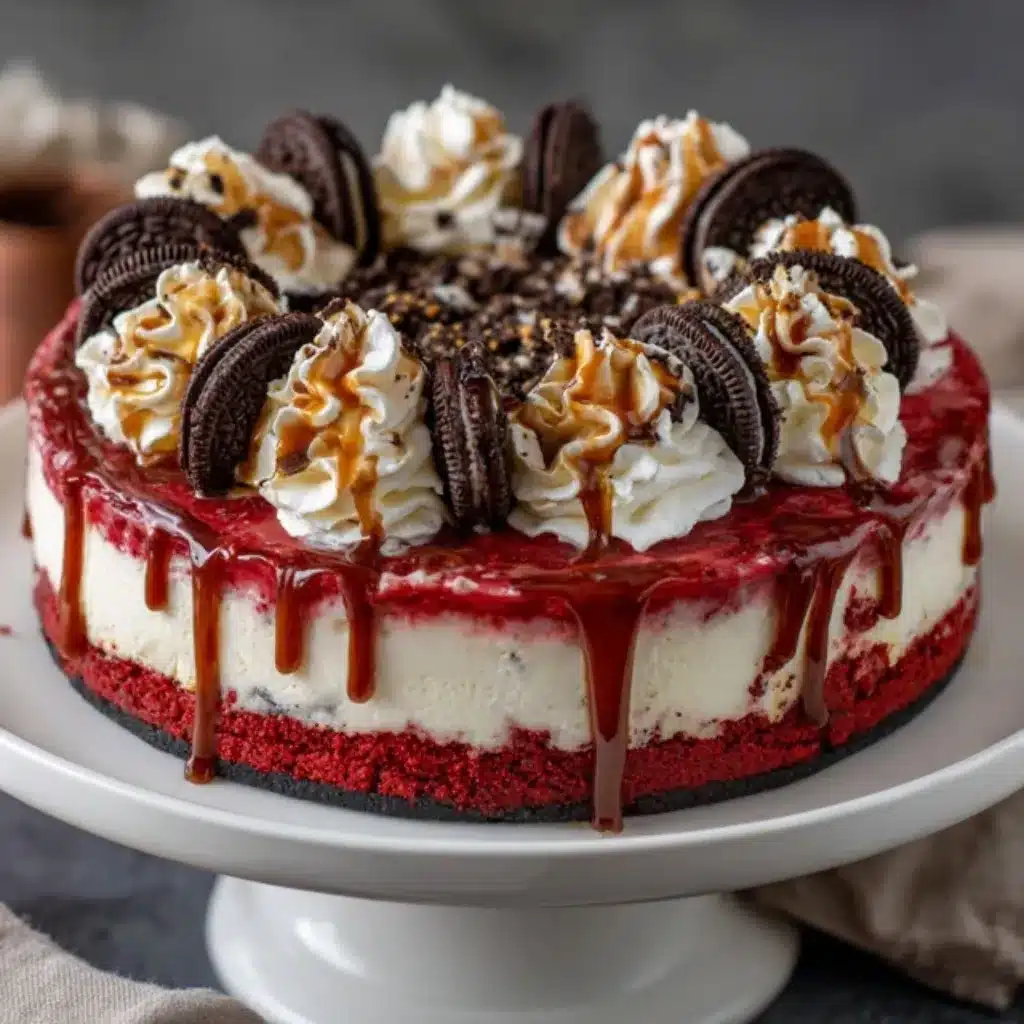 Whole Red Velvet Oreo Cheesecake served with coffee