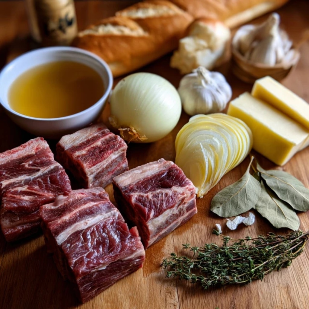 French Onion Beef Short Rib Soup: The Ultimate Comfort Bowl for Cozy Nights 6 Ingredients for French Onion Beef Short Rib Soup including short ribs, onions, and Gruyère cheese