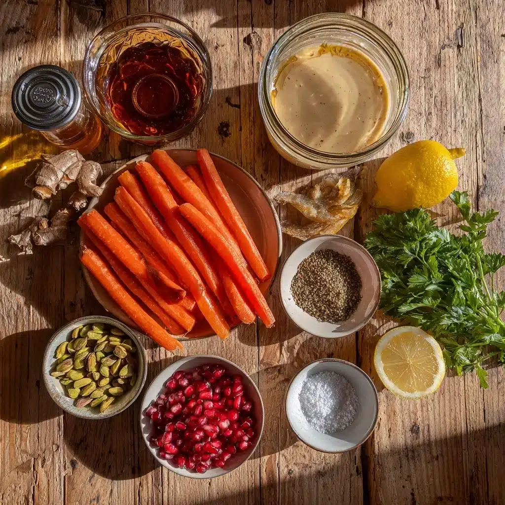 Fresh ingredients for Maple Roasted Carrots with Tahini and Pomegranate