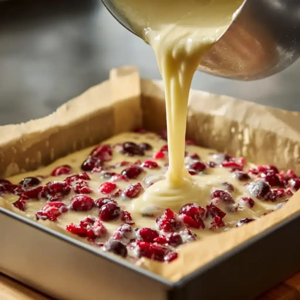 Pouring batter for cranberry orange breakfast cake recipe into baking pan