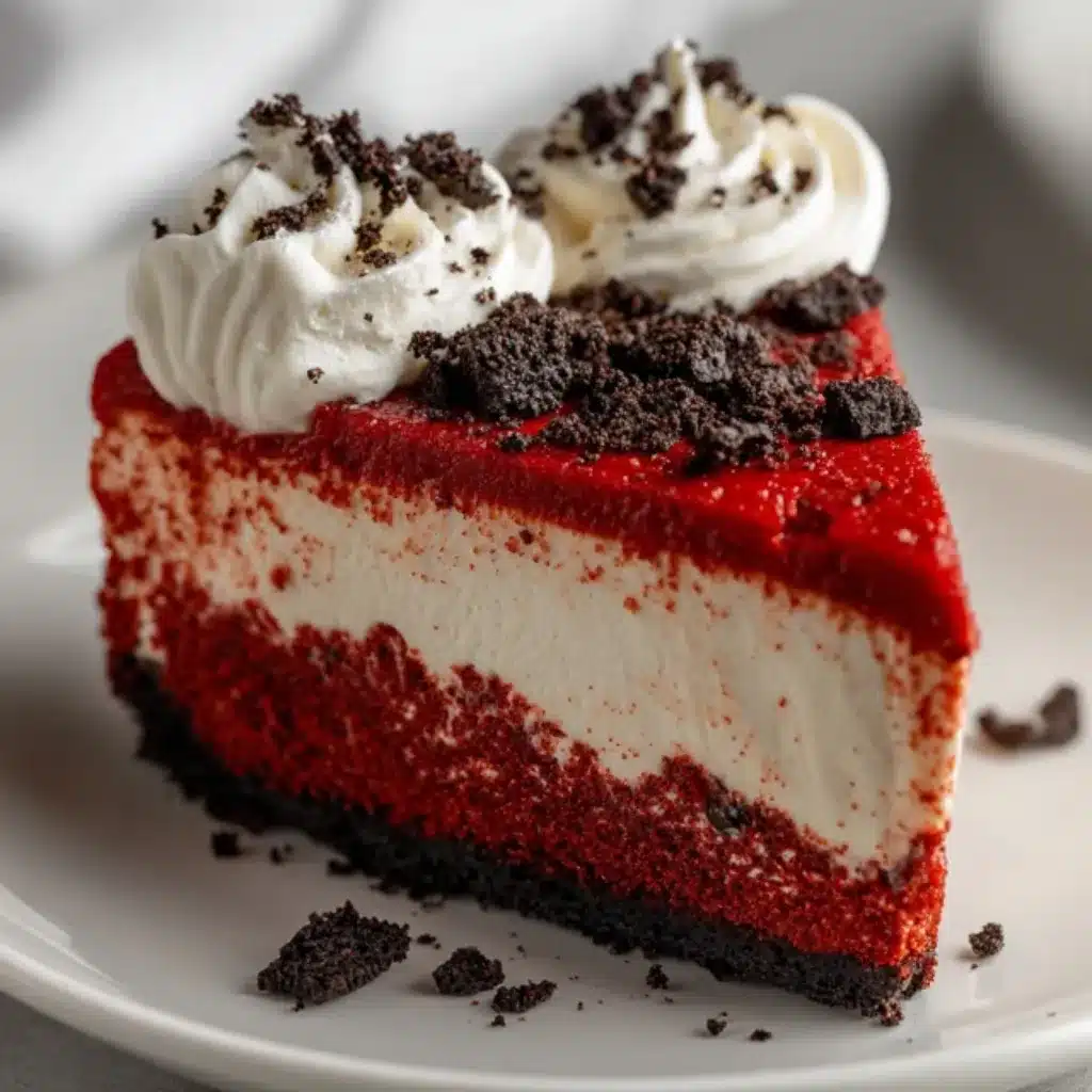 Red Velvet Oreo Cheesecake slice with Oreo crust and cream topping