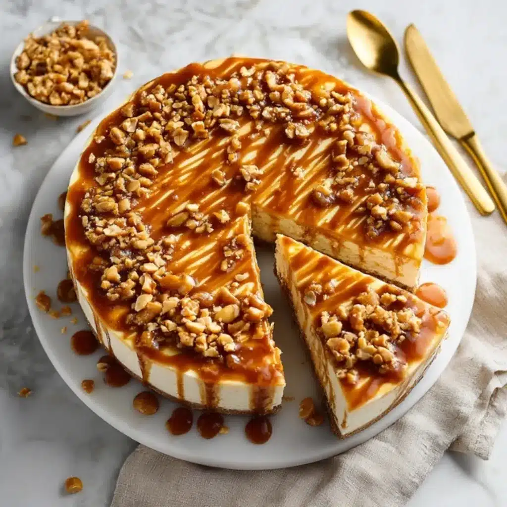 Slice of Banana Caramel Peanut Cheesecake on white plate