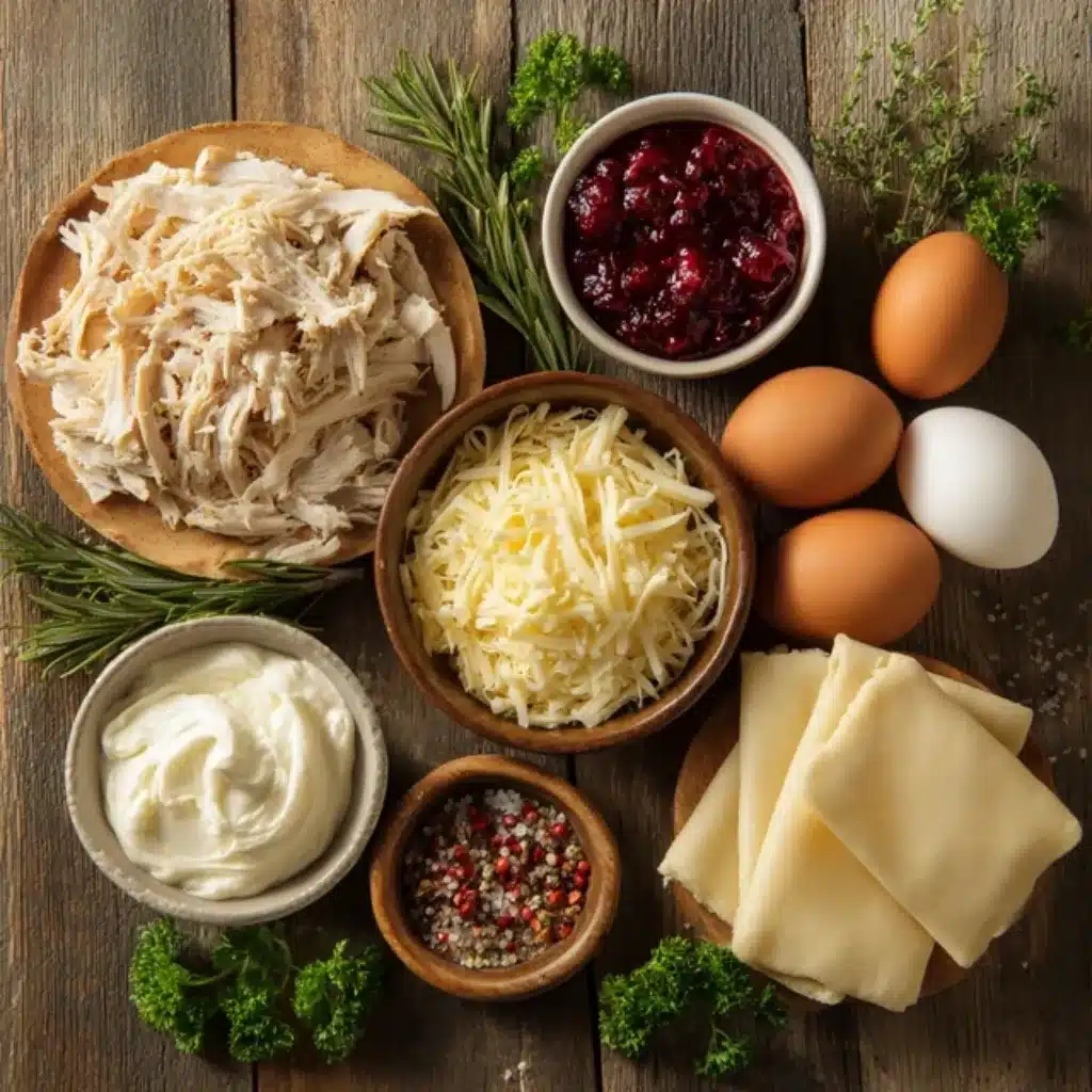 Turkey Cranberry Crescent Ring: The Ultimate Savory Holiday Appetizer 7 Ingredients for Turkey Cranberry Crescent Ring on a rustic kitchen table