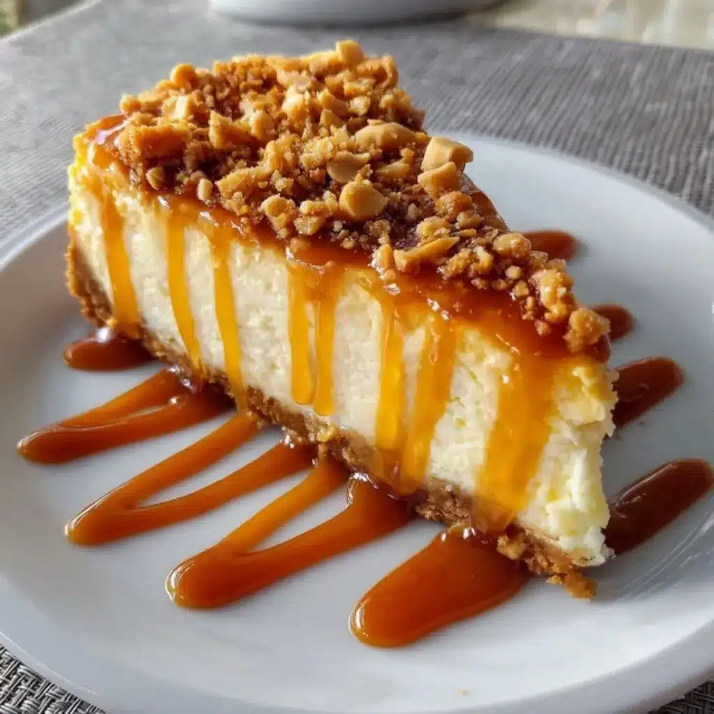 Banana Caramel Peanut Cheesecake with caramel drizzle and peanuts