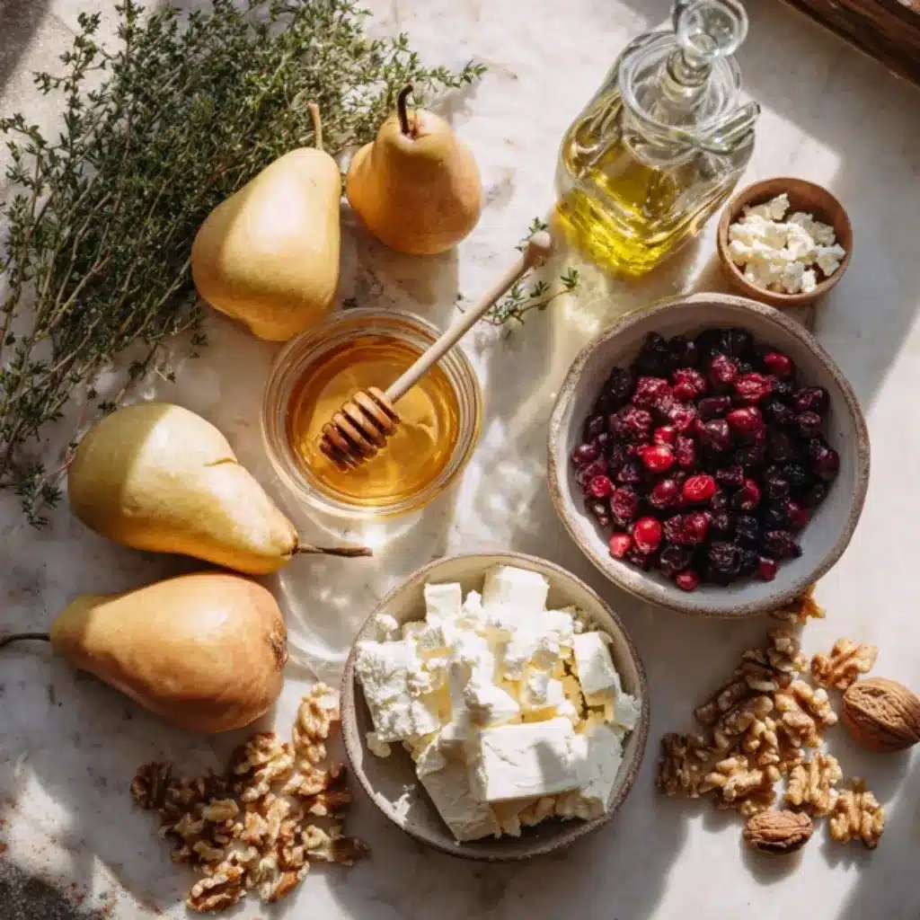 Baked Pears with Feta, Honey, and Cranberries: A Sweet and Savory Holiday Treat 6 Ingredients for baked pears with feta, honey, and cranberries