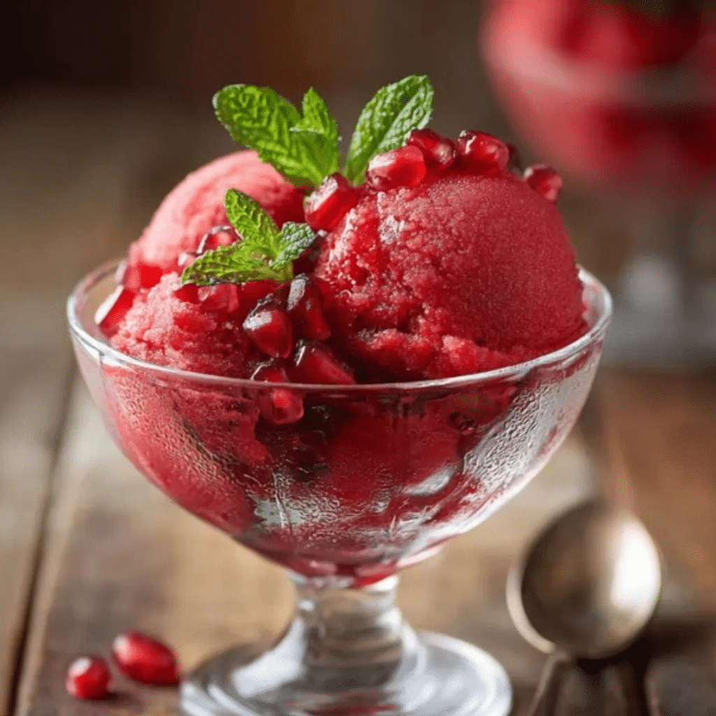 Pomegranate sorbet served with mint and fresh seeds