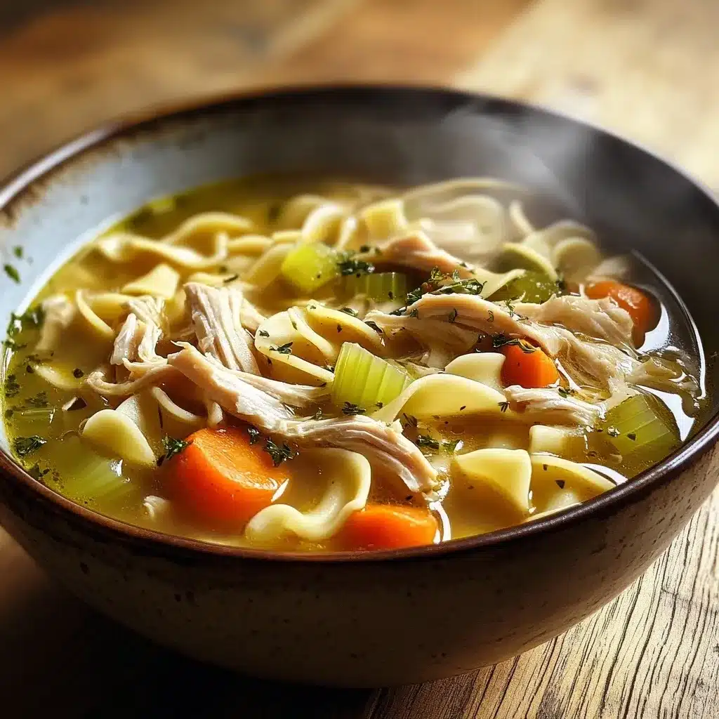 Easy Chicken Noodle Soup with Egg Noodles 8 Steaming bowl of chicken noodle soup with egg noodles, carrots, celery, and parsley garnish