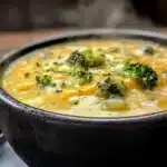 High Protein Broccoli Cheddar Soup: The Ultimate Healthy Comfort Food 9 Close-up of creamy high protein broccoli cheddar soup with melted cheddar and broccoli florets in a dark bowl