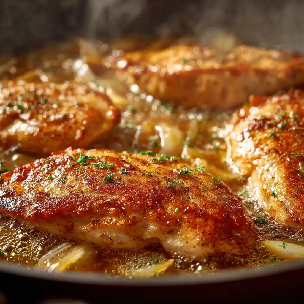 Creamy Apple Cider Chicken Skillet: The Ultimate Fall Comfort Dish 6 chicken searing in apple cider sauce in skillet