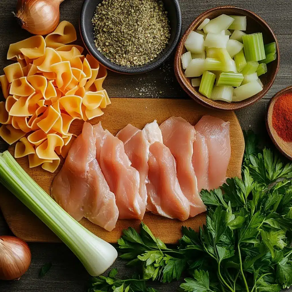 Easy Chicken Noodle Soup with Egg Noodles 6 Fresh chicken, egg noodles, carrots, celery, onion, and parsley on a wooden board