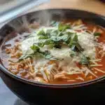 Chicken Parmesan Soup: The Ultimate Comfort Food 13 Chicken Parmesan Soup served with Parmesan and basil in a white bowl