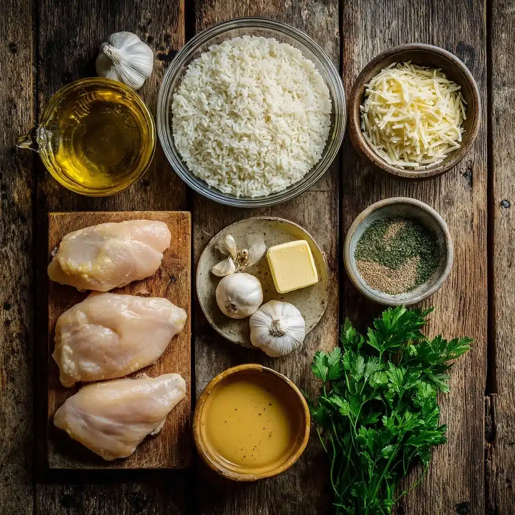 Ingredients for creamy garlic chicken and rice recipe