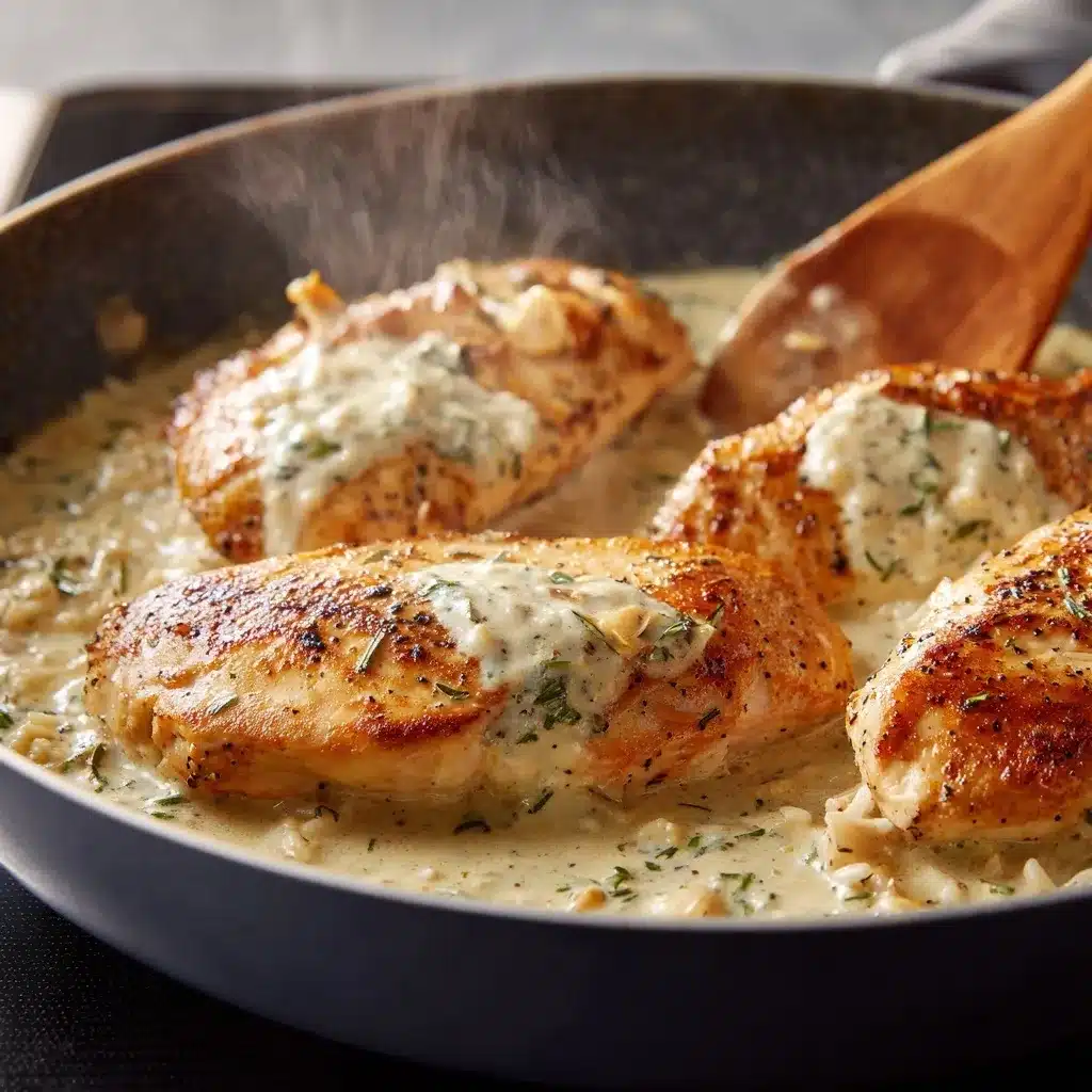 Step-by-step cooking creamy garlic chicken and rice in skillet