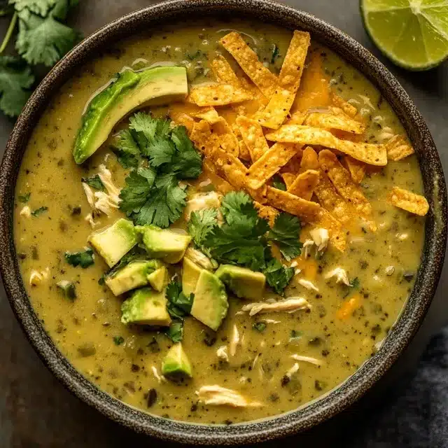 Creamy Green Enchiladas Chicken Soup – Easy & Comforting Recipe 8 Creamy green enchiladas chicken soup topped with cilantro, avocado, and tortilla strips