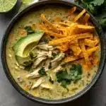 Creamy Green Enchiladas Chicken Soup – Easy & Comforting Recipe 9 Creamy green enchiladas chicken soup served in a bowl with toppings for recipe card