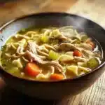 Easy Chicken Noodle Soup with Egg Noodles 9 Bowl of homemade chicken noodle soup with egg noodles, chicken, and vegetables