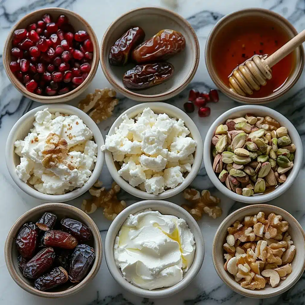 ingredients for mascarpone stuffed dates with pomegranate on counter
