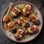mascarpone stuffed dates with pomegranate seeds and honey drizzle