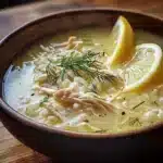 Mediterranean Lemon Chicken Soup: A Comforting Greek-Inspired Classic 9 Mediterranean lemon chicken soup served in a rustic bowl with dill and lemon wedge